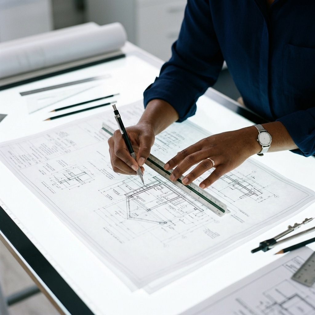 Engineer measuring and marking detailed architectural drawings