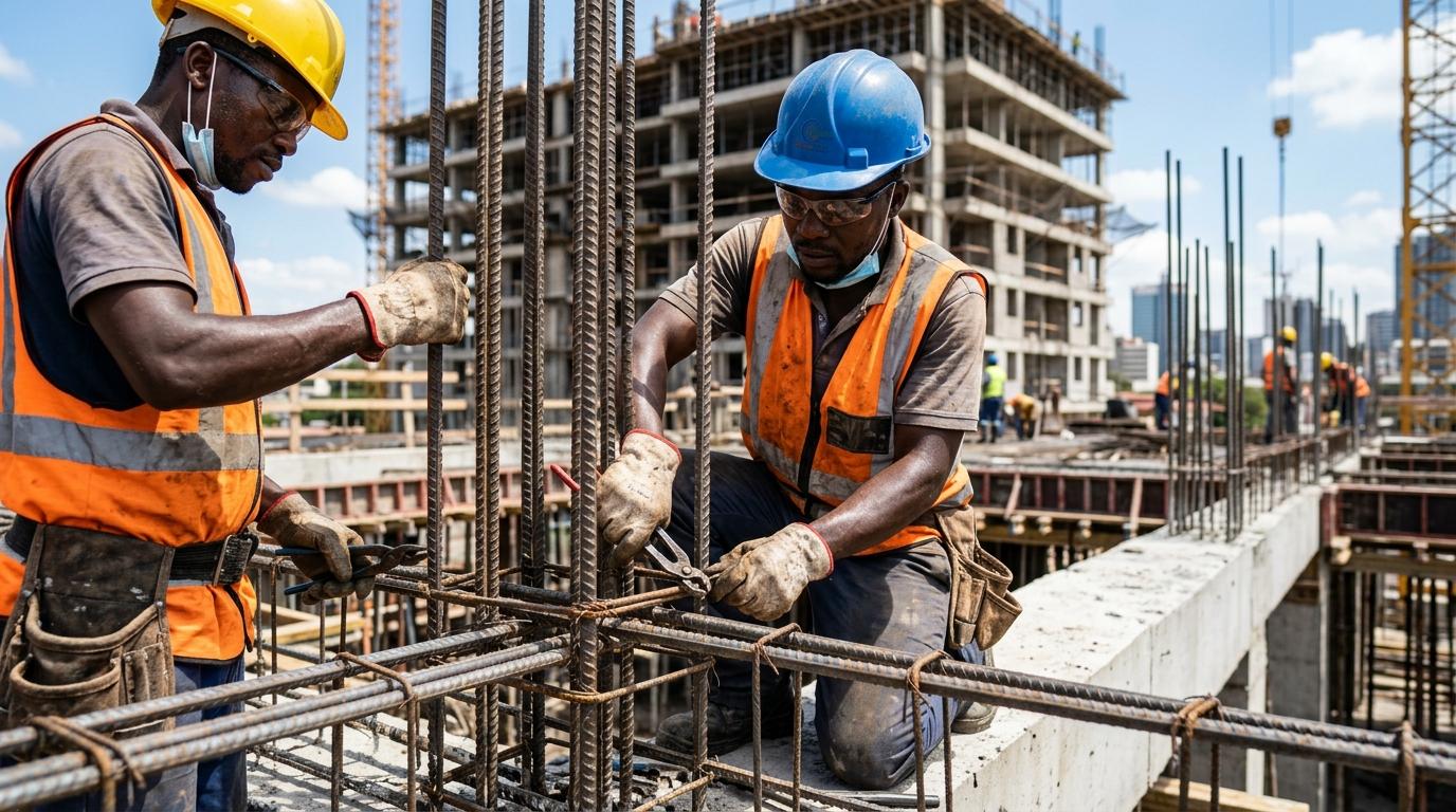 Construction workers on a reinforced concrete building structure