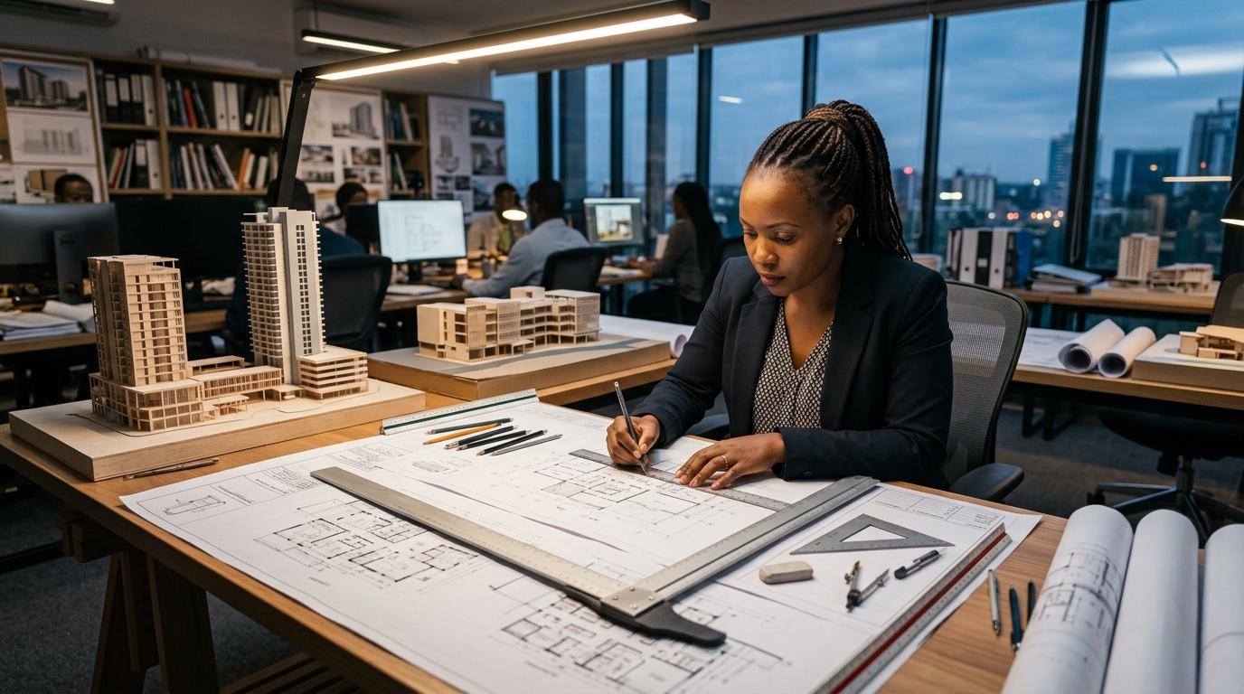 Architect at a drafting table with architectural drawings and scale models