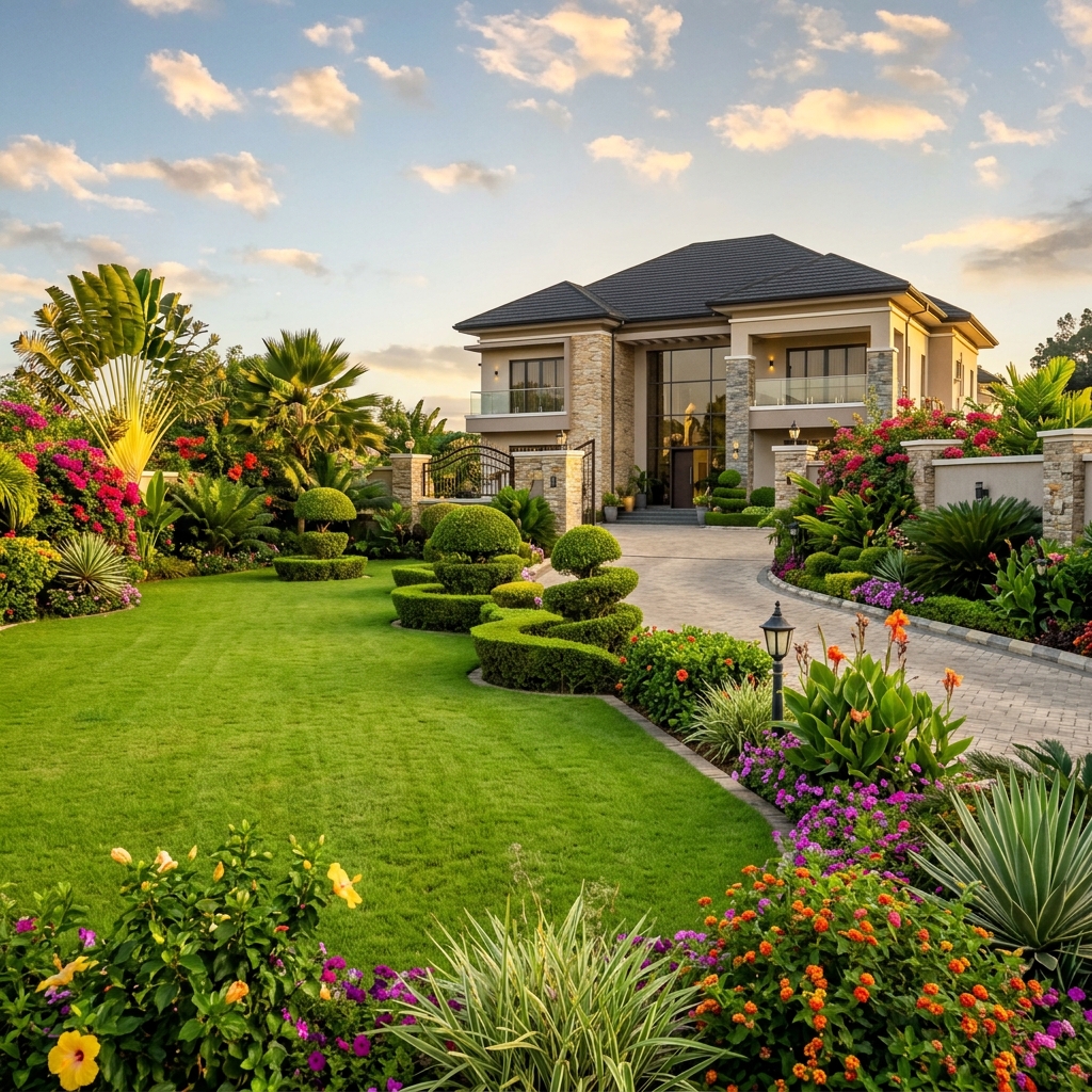 Professionally landscaped residential property with manicured lawn and tropical garden
