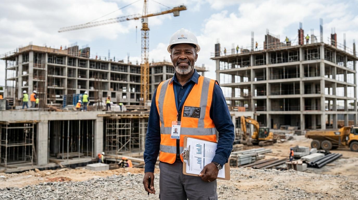 Site supervisor with clipboard inspecting a large construction project