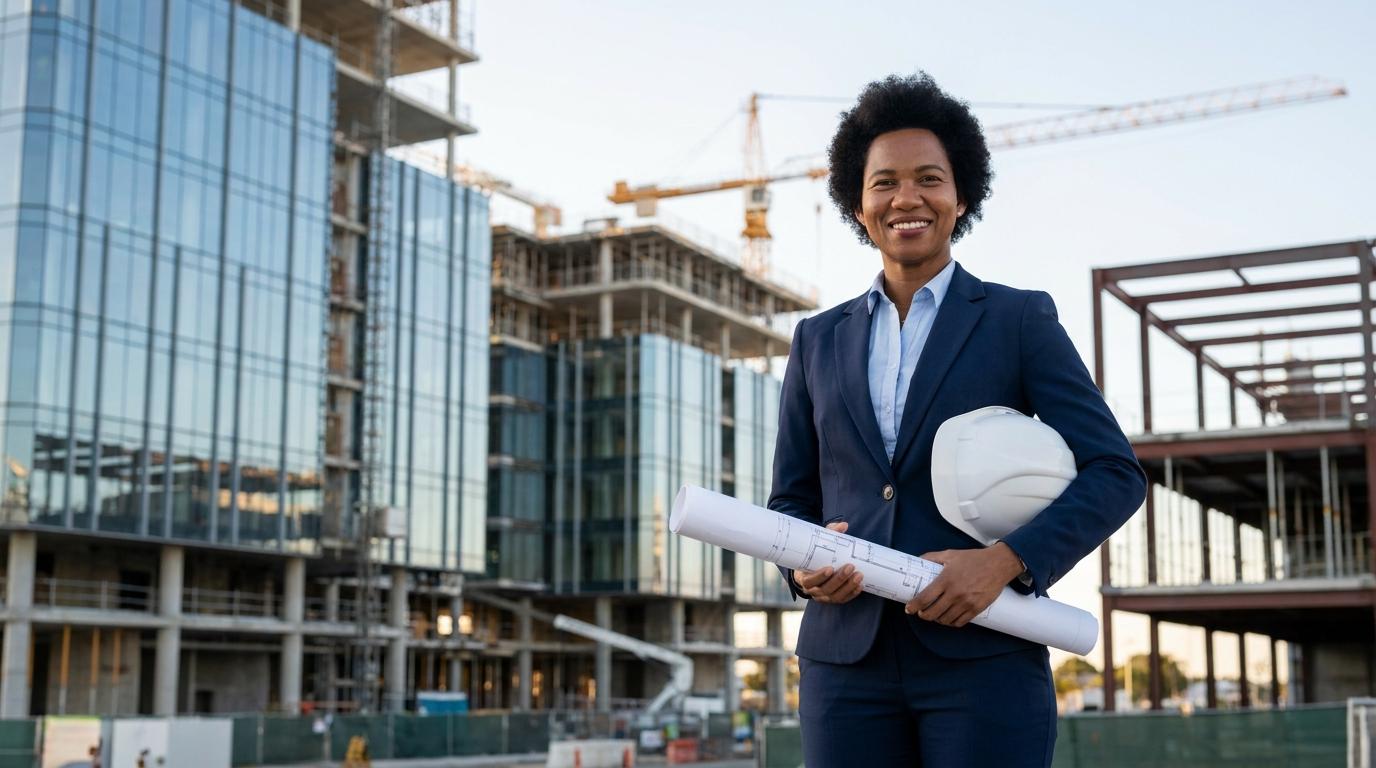 Project manager reviewing architectural blueprints on a construction site