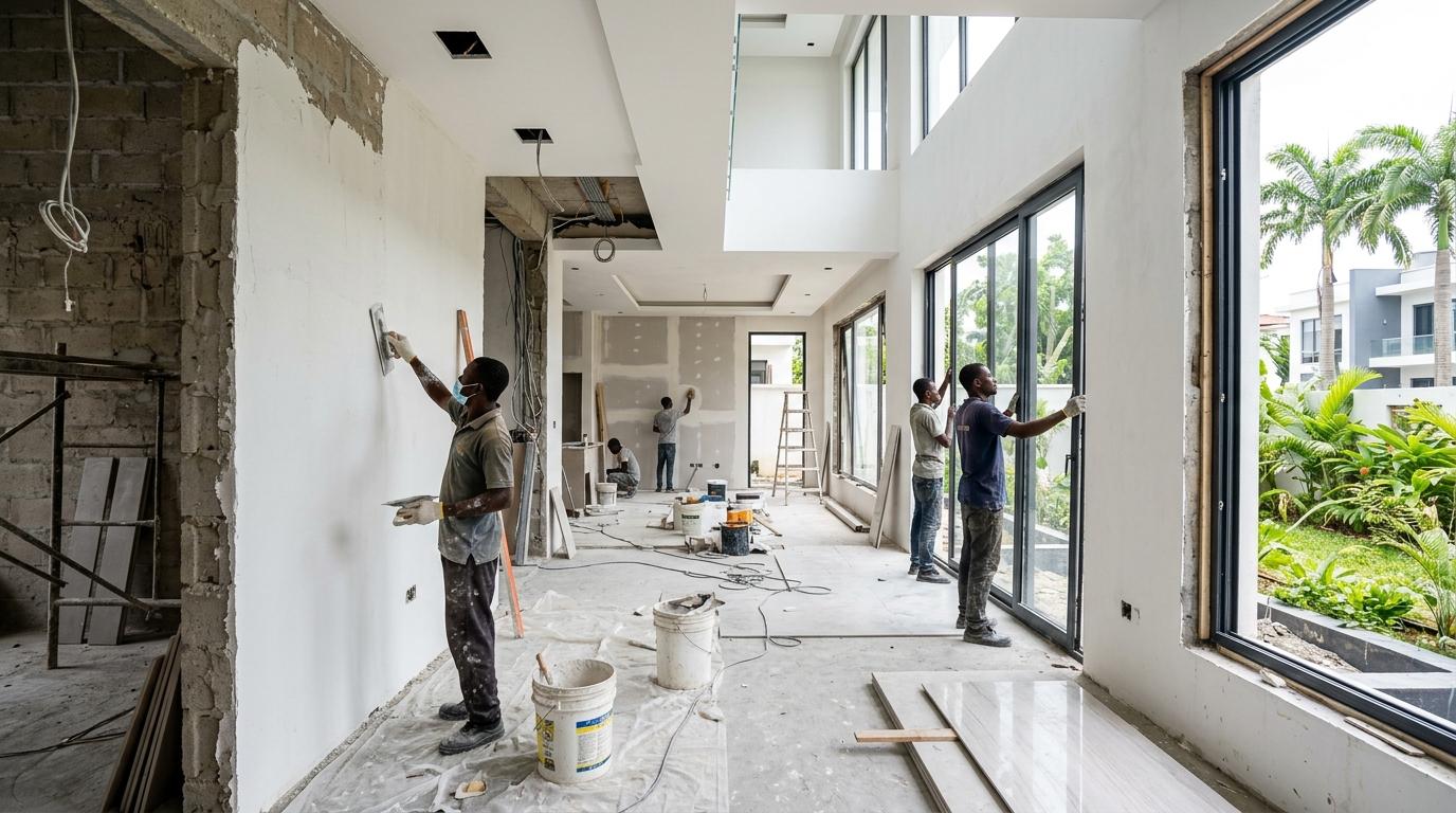 Modern home interior renovation with fresh plaster walls and new fixtures