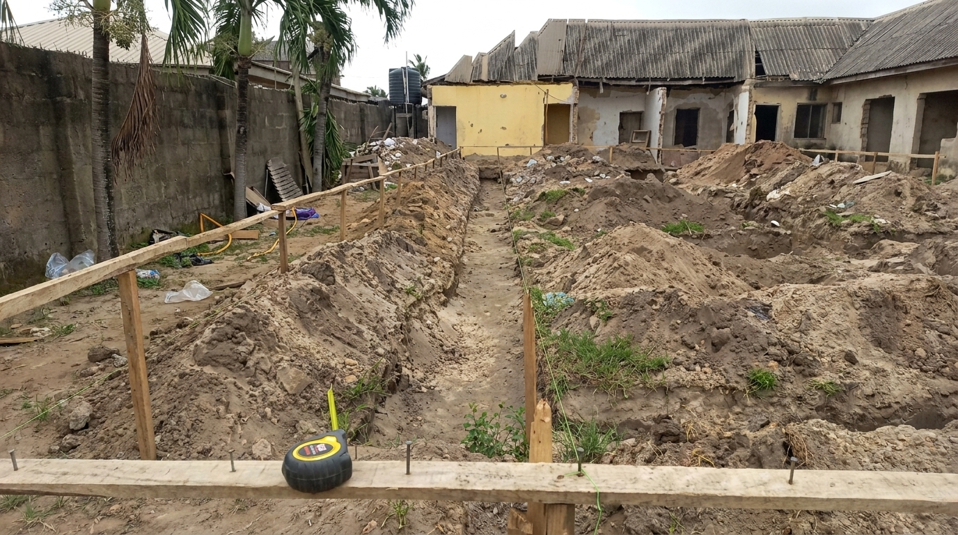 Setting out the foundation lines with string and pegs