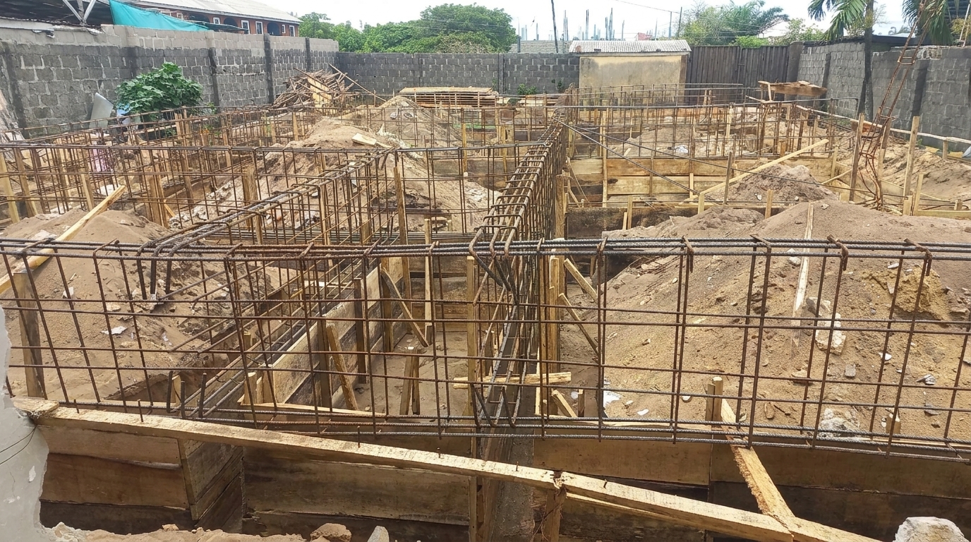 Timber formwork and steel reinforcement for the foundation