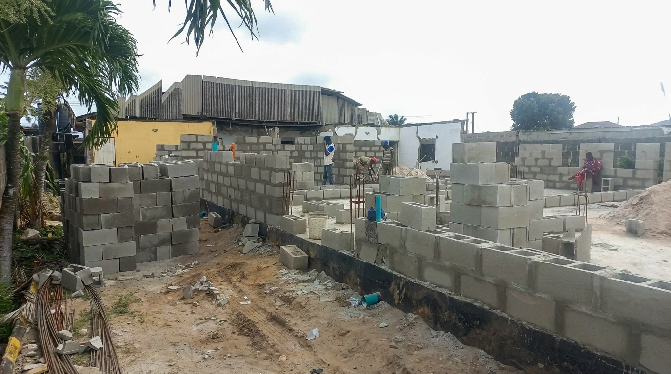 Laying sandcrete blocks for the ground floor walls