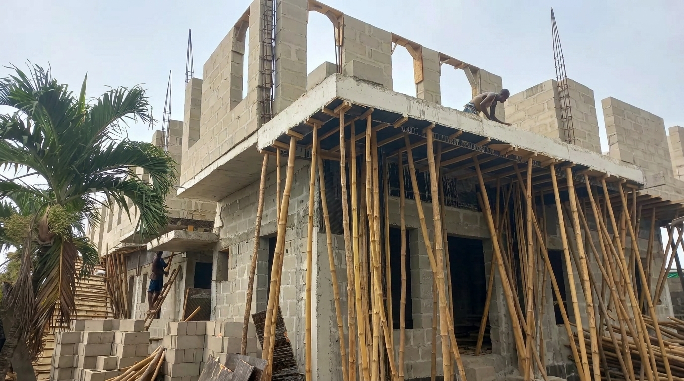 Upper floor walls constructed on the suspended slab