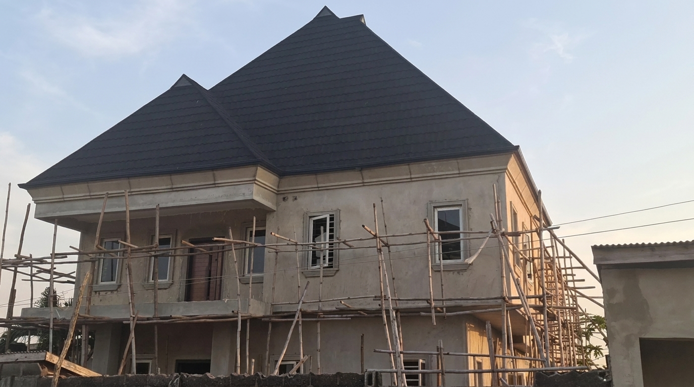 Completed roof structure with coverings installed
