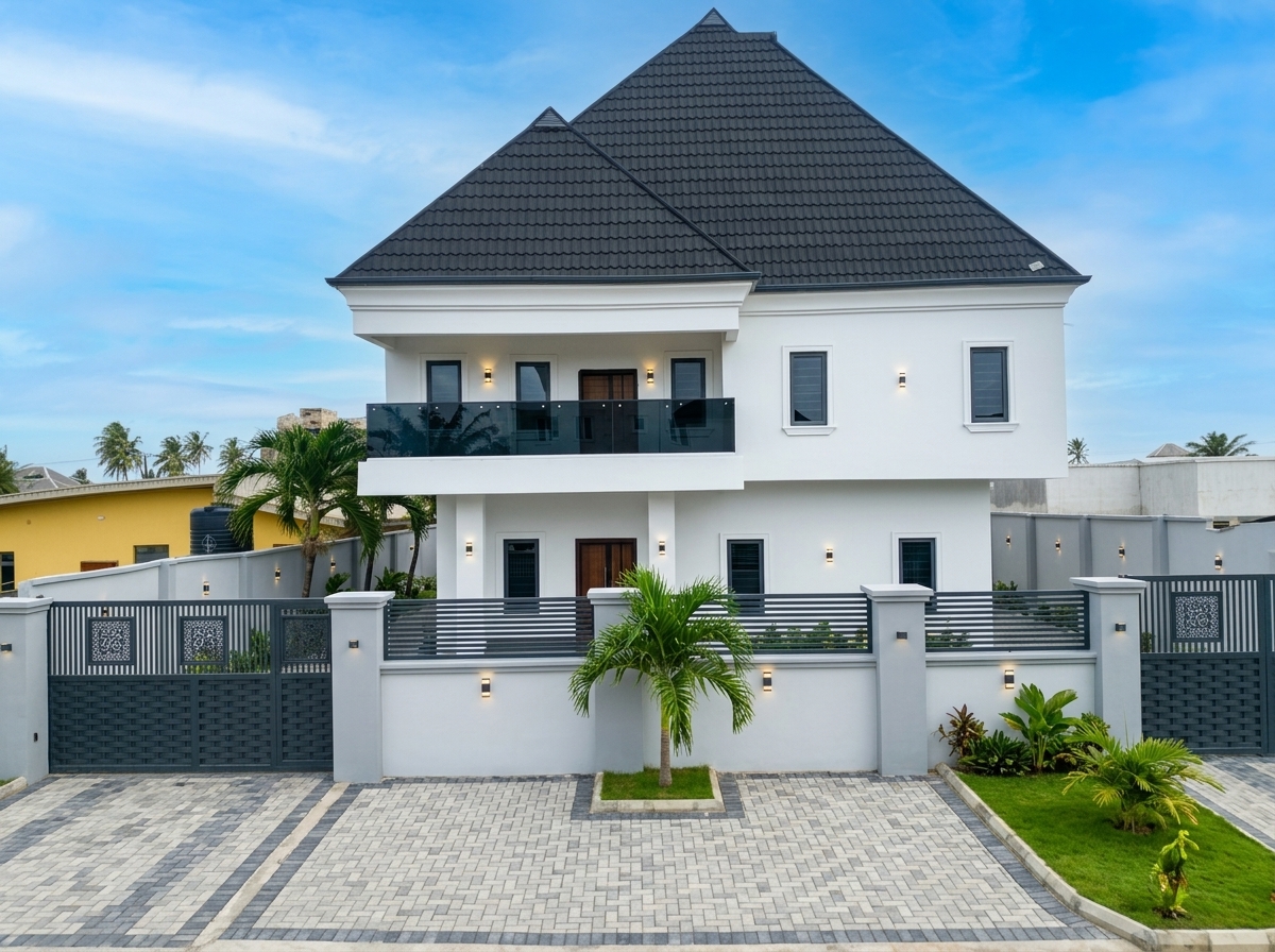 Residential duplex near completion — white plastered two-storey structure with dark stone-coated roof and installed windows, Lagos